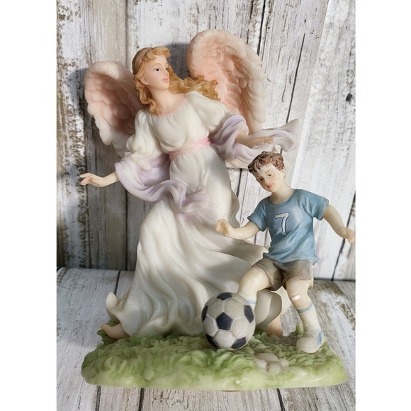 vintage Angel Figurine Boy Soccer Player Guardian Religious Statue Decor - Picture 4 of 8